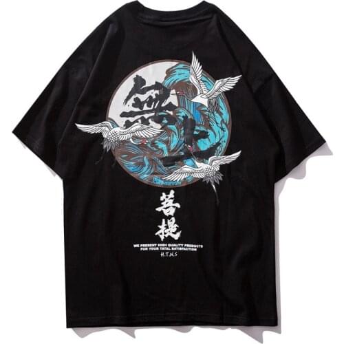Buddha Crane Print T Shirts Mens Hip Hop T-Shirt Chinese Character Casual Tops Tees 2018 Summer Harajuku Streetwear Tshirt Black