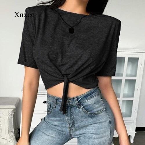 Summer Lace Up Solid Short Sleeve T-Shirt Shoulder Pads Casual Crop Top Fashion Women High Waist Street Basic Fashion 2021 Tee