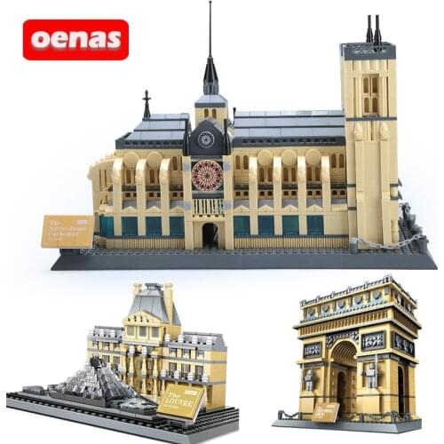 MOC CIty Creative Architecture Paris Notre-Dame Eiffel Tower Arc de Triomphe Louvre Museum Model Building Block Brick Kids Toy