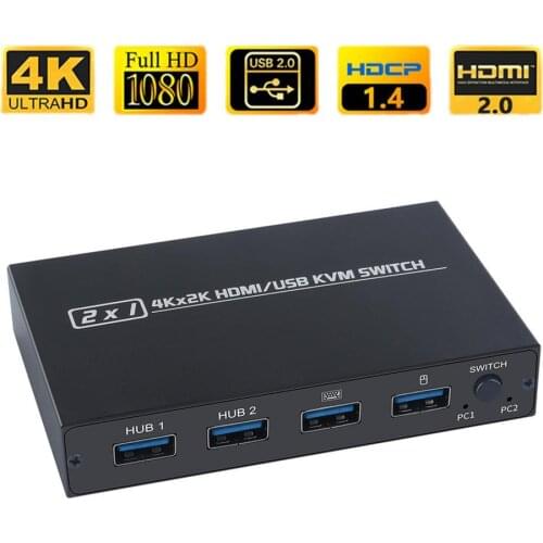 HDMI KVM switch with two in and one out, 2 ports USB keyboard, mouse and printer sharing 4K
