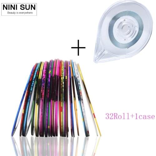 Hot 32 Rolls +1 case Mixed Colors Rolls Striping Tape Line DIY Nail Art Tips Nail Art Metallic Yarns Strips Decoration Sticker