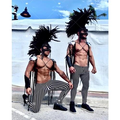 Muscular man costume Sexy Black and white striped zebra bar man gogo costumes black feather headdress stage show catwalk wear