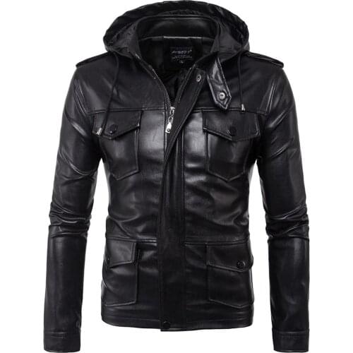 New Mens Hooded Motorcycle Leather Jacket Europe and America Style Autumn Multi-pocket Soft PU leather Jacket Coat Big Size 5XL