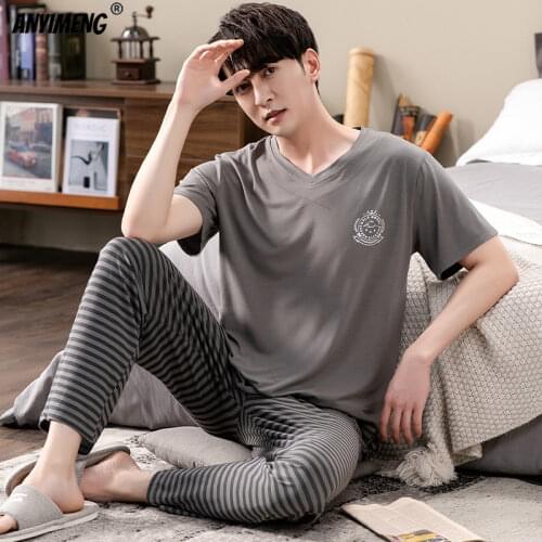 Mans modal pajamas high quality homewear long striped pants short sleeved v-collar elegant badge printing cool summer pijamas