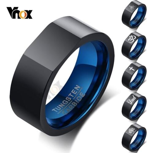 Vnox Personalzied 8mm Tungsten Ring for Men Square Top Life Tree Cross Engraved Black Qualified Wedding Band Casual Gents Gift