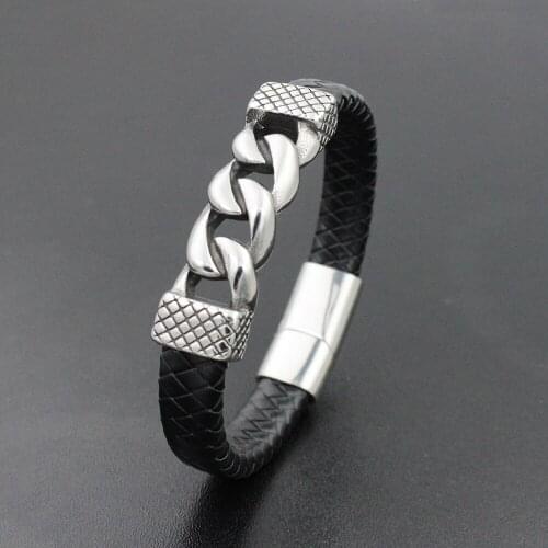 Men 12MM Wide Black Braided Genuine Leather Bracelet Stainless steel Link Bead Bracelets with Strong Magnet Clasp