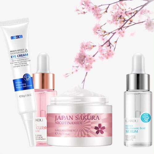 Face Skin Care Set Cherry Blossom Essence Moisturizing Collagen Eye Cream & Face Serum Shrinking Pores Beauty Makeup Set