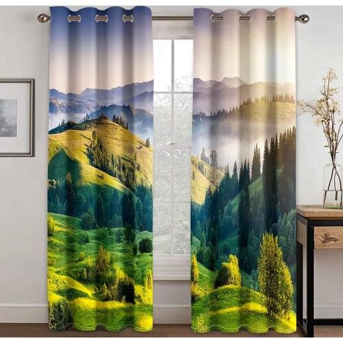 3D Green Forest Landscape Simple Pattern Blackout Curtain Set, Suitable for Home Curtains In The Living Room and Bedroom