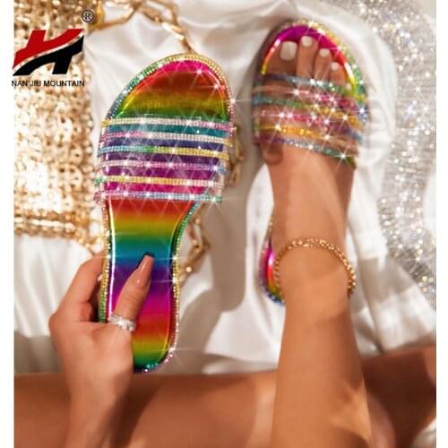 NAN JIU MOUNTAIN 2020 Summer Women Handmade Slippers Flat Sandals Rhinestone Beach Slippers Open Tea Comfortable Black Brown