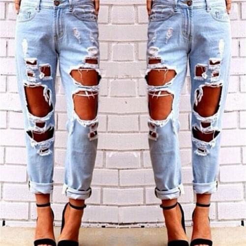 Hot New Trendy Spring Autumn Sexy Slim Hole Women Destroyed Ripped Distressed Slim Pants Boyfriend Denim Jeans Trousers