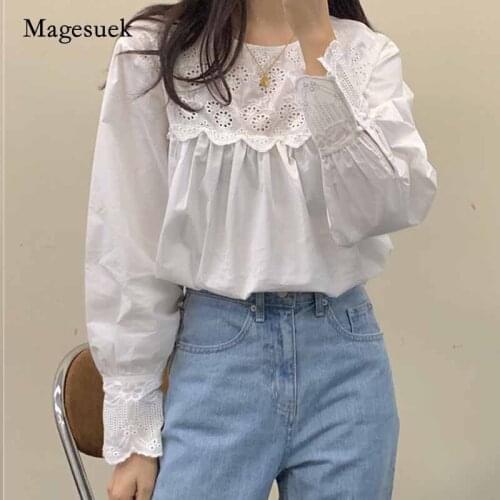 2020 New Autumn O-Neck Solid Embroidery Floral Womens Blouse Korean-Style Sweet Lace Stitching Long-Sleeved Shirt Blusas 10839