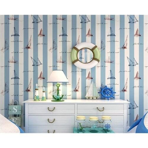 Beibehang Boys kids room wallpaper Mediterranean style blue vertical stripes Cartoon Nautical Sailing 3D Wallpaper roll