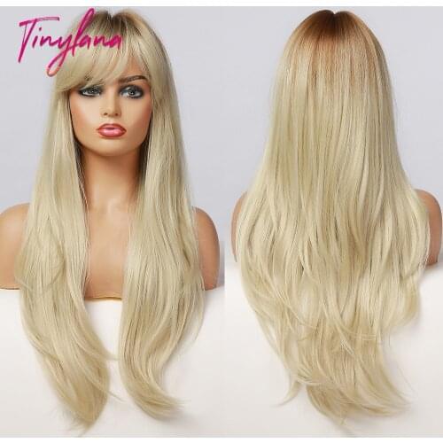 TINY LANA Ombre Brown Light Blonde Synthetic Wigs with Bangs Long Natural Wave Heat Resistant Fiber Cosplay Wigs for Black Women
