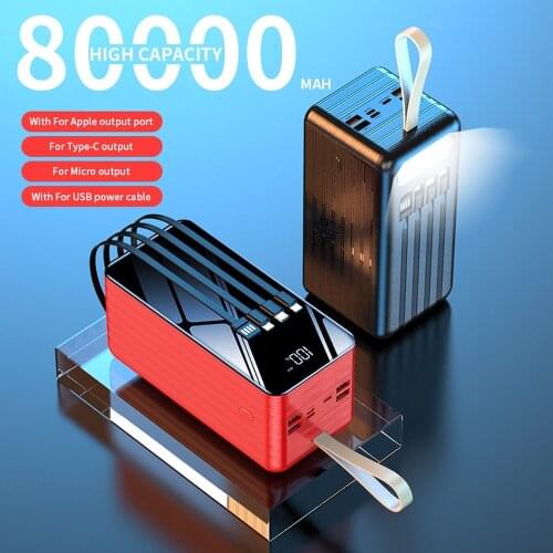 PINZHENG 80000mAh Power Bank For Xiaomi Huawei iPhone Powerbank External Spare Battery Portable Built-in 4 Cables Powerbank