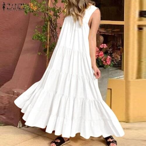 ZANZEA Stylish Summer Sundress Women Square Neck Sleeveless Long Dress Robe Femme Casual Ruffles Maxi Vestido Kaftan Sarafans