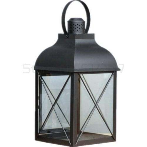Wrought Iron Candle Holder Glass Large Metal Lantern Windproof Outdoor Black Hanging Suporte Para Velas Moroccan Decor AC50CH