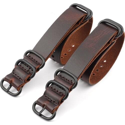 Vintage Zulu Genuine Leather Watch Band 18mm 20mm 22mm Coffee Nato Leather Strap Burst Crack Black Five Ring for Men Wristband