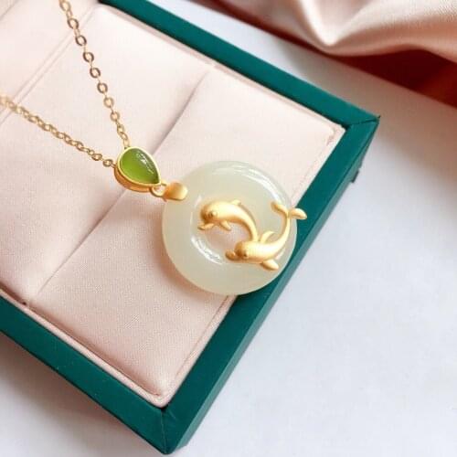 S925 Sterling Silver Inlaid Natural Hotian Jade Pendant Pisces Pendant Peace Buckle round Pendant Clavicle Chain Jewelry Ladies