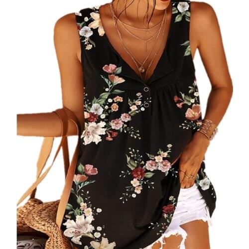 Sexy V-neck Button Sleevless Top for Women Bohemian Printed Summer 90s Tank Top Casual Loose Flower Cotton Camisole Oversize 5XL