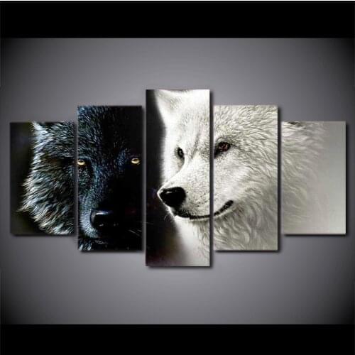 Modern Pictures Living Room Decor Wall Art Abstract Photo 5 Pieces Poster Black White Wolf Couple Canvas Painting Frame PENGDA