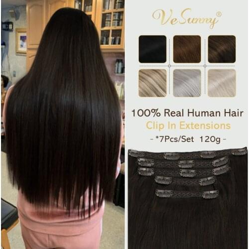 VeSunny Clip in Hair Extensions Remy Human Hair for Women Silky Straight Human Hair Clip in Extensions 120g/7pcs Black