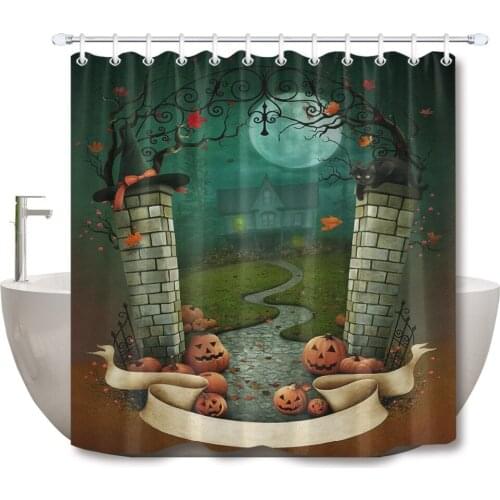 72'' Gateway To Halloween Manor Pumpkins And Black Cat Bathroom Waterproof Fabric Shower Curtains 12 Hooks Bath Accessory Sets
