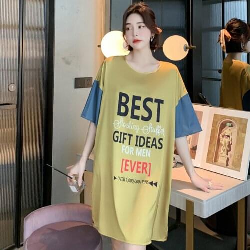 Green Casual O-Neck Nightgown Women Letter Print Short Sleeve Home Dress Summer Ice Silk Nightdress Loose Sleepwear One Size