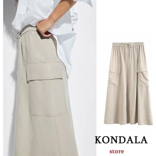 KONDALA Women Fashion Summer Skirt Za 2021 Solid Elegand Skirt Cotton Linen Slit Lace-up Oversized Pocket Mid Y2K Mujer Moda