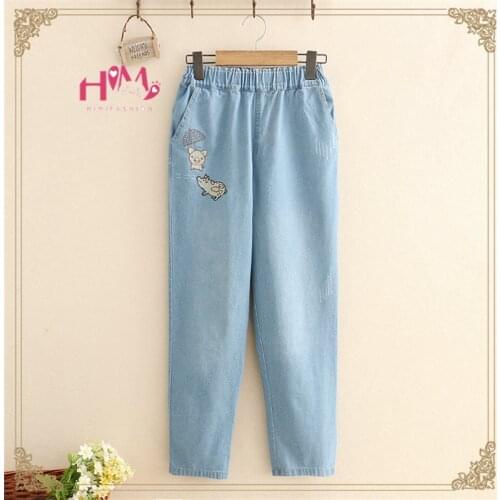 Japanese Fashion Blue Denim Pants Women Kawaii Lucky Pig Trousers Korean Vintage Cute Stretch Waist Teen Girl Casual Jean Pants