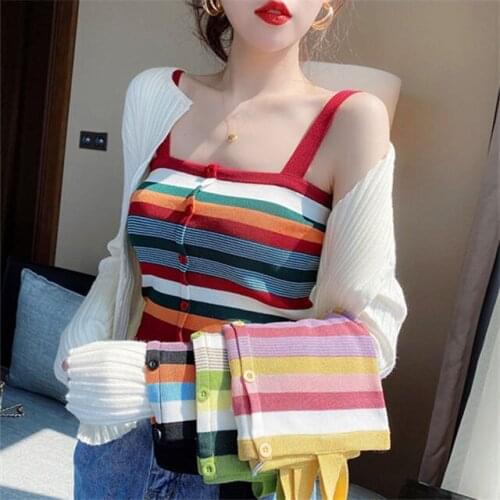 Women Tanks Tops Small Sling Vest Womens Summer Striped Knitted Rainbow Sleeveless Top Camis Crop Top For Women