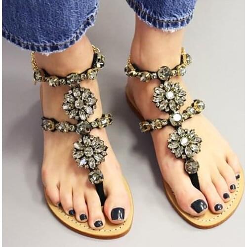 ASHIOFU Handmade Ladies Sandals Crystal School Girl Flat Summer Sandals Daily Wear Casual Fashion Shoes