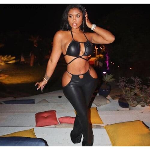 Bangniweigou PU leather criss cross bra + hollow pants two piece sets women sexy backless bandage tops matching set club outfit