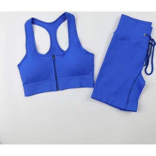 Womens Seamless Striped Yoga Sports Suit Zipper Sports Bra Drawstring Sports Fitness Shorts Set 2-piece Workout Suit