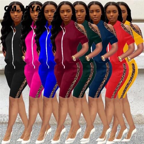 CM.YAYA Women 2 Piece Outfits Set Leopard Slit Short Sleeve Jacket and Knee Length Legging Matching Set Active Workout Tracksuit