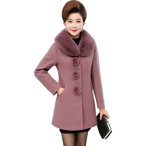 Plus size woolen coat women autumn winter add cotton warm jacket large Fur collar outerwear middle aged female wool coats A3090