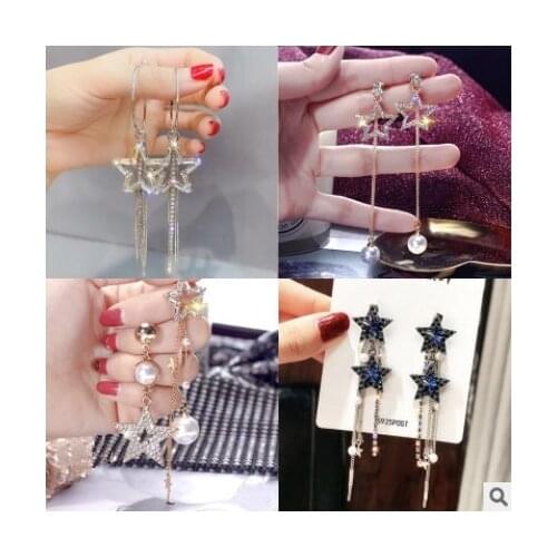 Five-pointed star long tassel earrings 925 silver earrings acrylic stars rhinestone zircon personality earrings