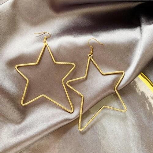 Exknl Simple Hollow Big Statement Star Drop Earrings For Women Fashion Bijoux Night Club Gold Color Dangle Earings Jewelry