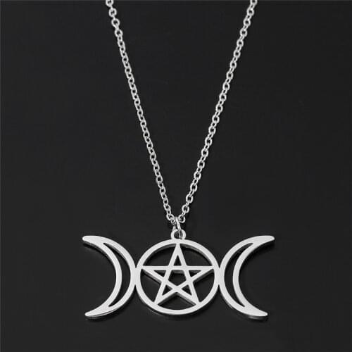 Stainless Steel Goddess Necklace for Women Pentagram Moon Wicca Jewelry Magic Pendant Pentacle Witch Bijoux Christmas 2021