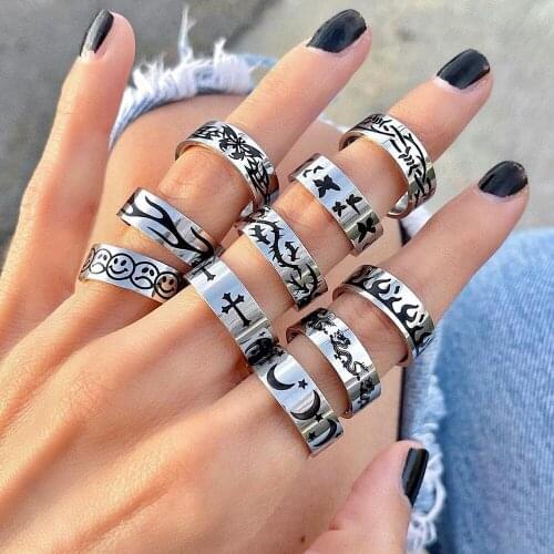New Hip-hop Creative Punk Butterfly Flame Ring Stainless Steel Vintage Gothic Cross Rings for Women Men Couple Fashion Jewelry