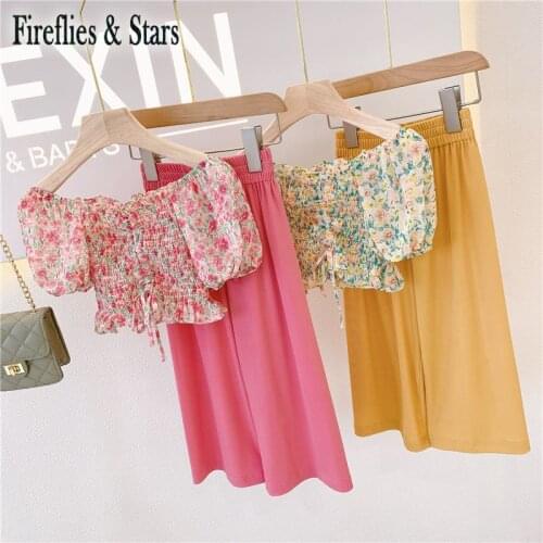 Summer girls 2 pcs set baby blouse + pants kids suits children clothes floral pletaed elastic ruched puff sleeve 2 to 9 yrs