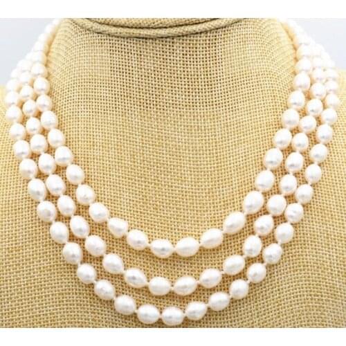 Unique Pearls jewellery Store 3 rows 8-9MM White Color Freshwater Pearl Choker Necklace 16''to18'' Wedding Birthday Women Gift