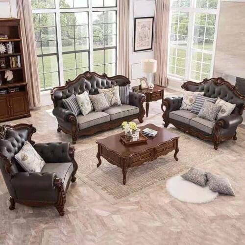 Solid wood furniture factory sofa solid wood leather sofa combination European luxury carved villa leather sofa living room