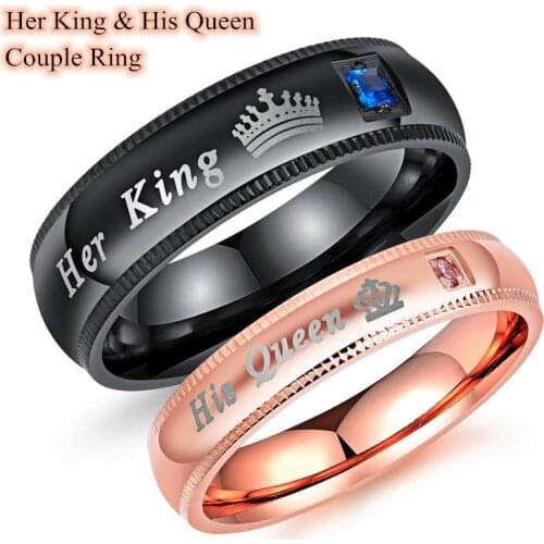 Fashion Couple Rings Her King His Queen Stainless Steel Statement Rings Romantic Zircon Crown Ring Anniversary Wedding Band Ring