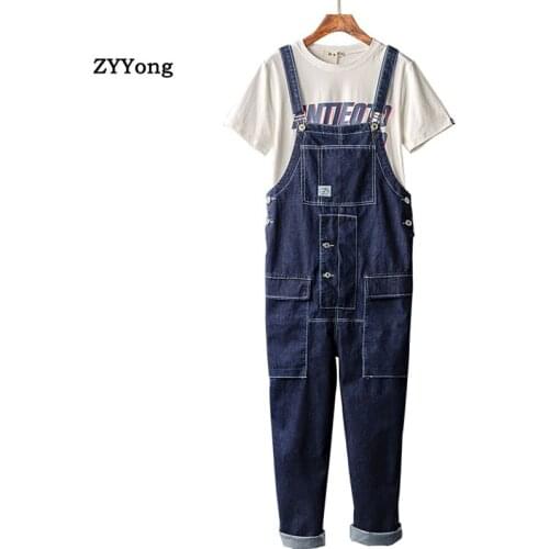 Fashion Loose Plus Size Man Jeans Bib Overalls Multi-Pocket Hip Hop Denim Jumpsuits Trousers Blue Leisure Freight Wide Leg Pants