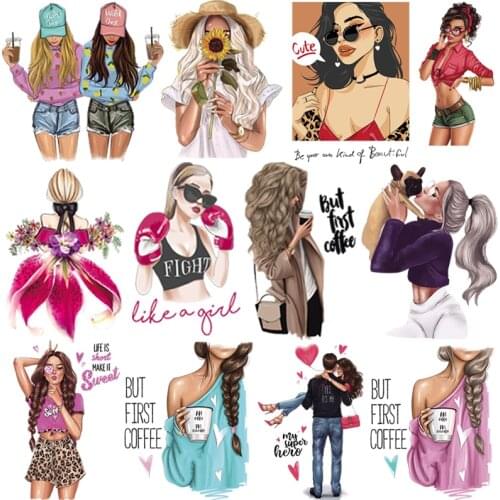 Fashion girl heat transfer DIY thermal patches heat print on T-shirt dresses iron on patches for girl clothes washable appliques