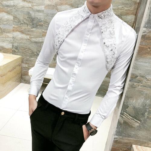 Men Long Sleeve Gothic Steampunk Shirt Silk Satin Sequins Loose Formal Work Solid Color Lace Fashion Trend 2020 Hot New