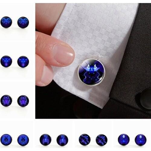 12 Zodiac Sign SIlver Color Plated Men Shirt Cufflinks Glass Cabochon Cuffl Links Jewelry Birthday Gift