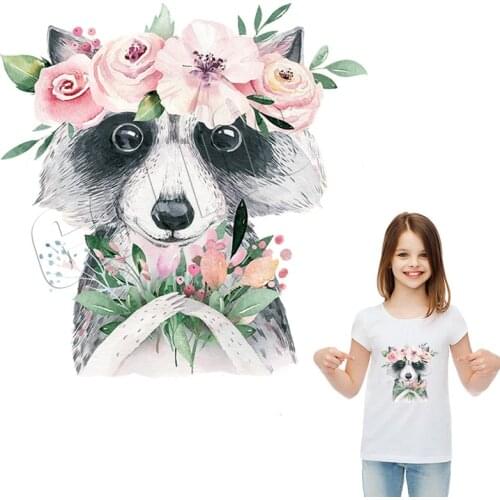 Flower Raccoon Patches Cute Stickers Print On T-Shirt Washable Clothes Decoration Iron Appliques For Clothing