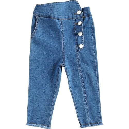 0-5Y Fashion Kids Girls Jeans Side Button Solid Color Elastic High Waist Pants 2 Colors 2021 Brand New