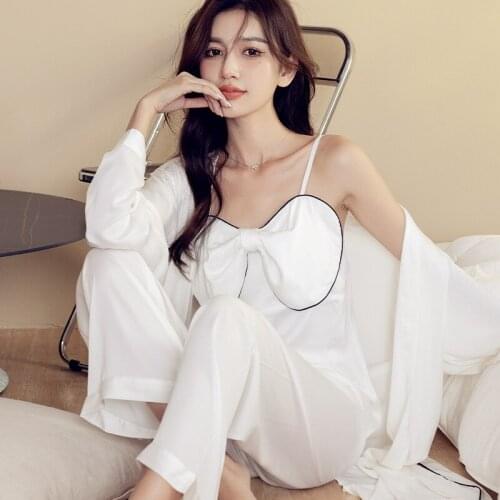 High Quality Women Pajama Set White Bow Design Sexy 3 Piece Robe Silk Like Black Nightwear Sling Top Shorts Homewear Sleepwear
